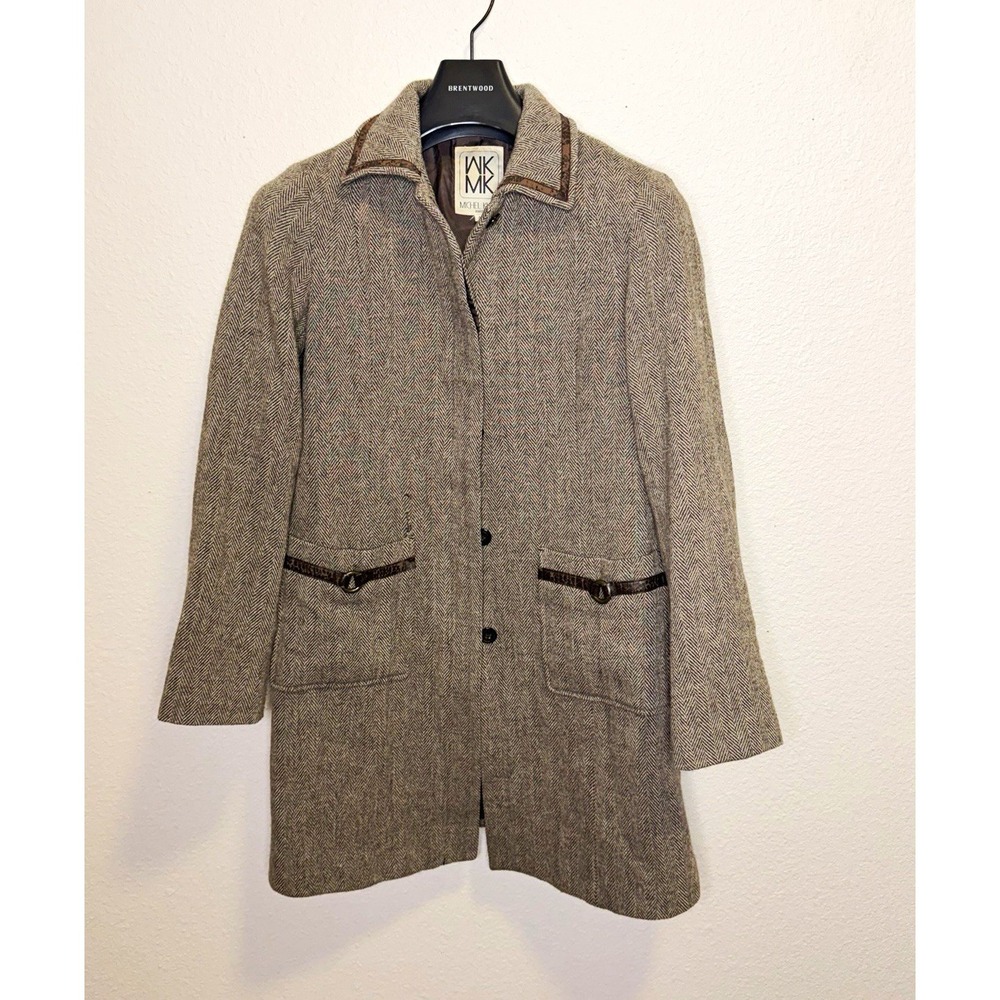 Michel Klein Men's Gray Herringbone Tweed Wool Overcoat Button Front Size 38